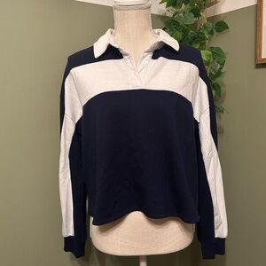 Hippie Rose Navy and White Collared Long Sleeve Crop Top